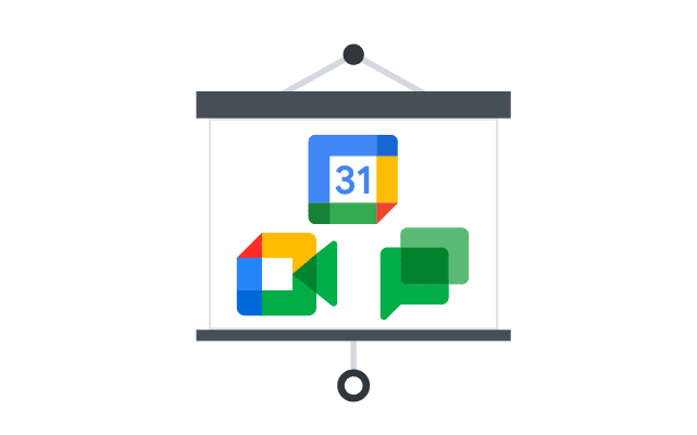 Grafik einer Leinwand mit den Icons von Google Kalender, Meet und Chat